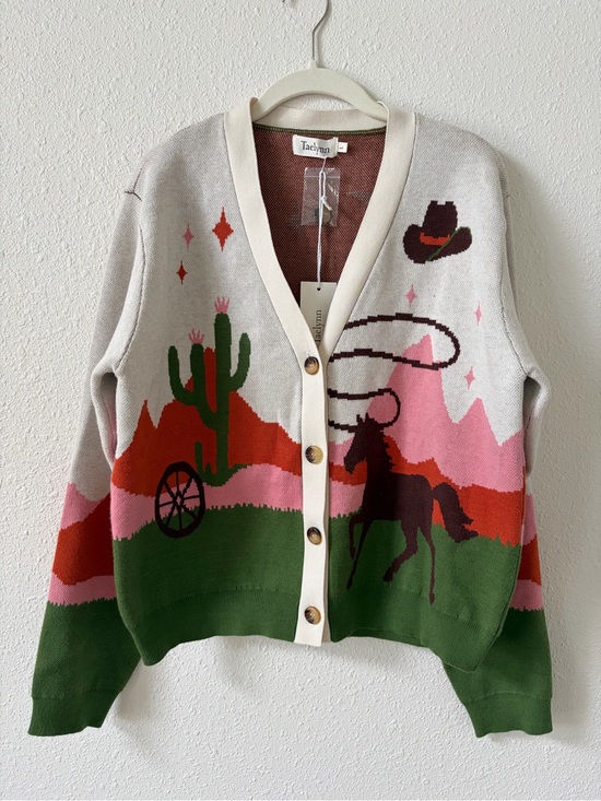 Taelynn Sweaters - Taelynn V Neck Button Down Western Sweater Cardigan Size Large Horse Knit Cowboy